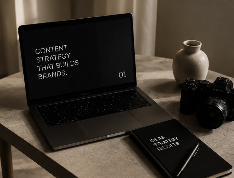 Minimalistyczne biuro i laptop z komunikatem marketingowym